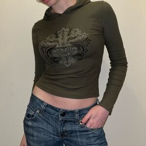 Orange Kiss y2k bedazzled and embroidered dark green long sleeve with hood